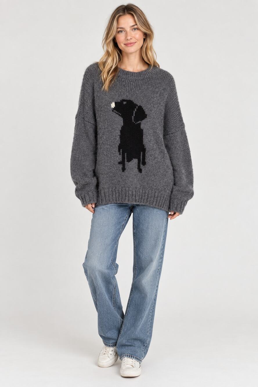 Wooden Ships Labrador Dog Chunky Sweater Oversized Womens Size M/L Crewneck Grey